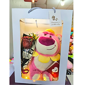 Set quà gấu bông và hoa kèm túi đựng cute - Combo gấu bông, hoa, đèn, túi, thiệp tặng sinh nhật - Quà tặng gấu bông dễ thương