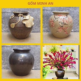 Mua Bình Hoa Lọ Hoa Men Mộc Dáng Vò Tròn Đắp Sen Nổi  Vẽ Hoa Văn  Bóng Gốm Sứ Bát Tràng-Gốm Minh An-Lọ Hoa Đẹp