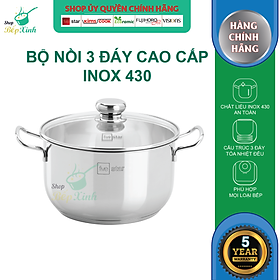Nồi inox Fivestar 3 đáy từ nắp kính 26cm , tặng 2 muỗng canh