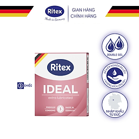 Bao cao su Ritex Ideal, siêu ẩm ướt, gấp đôi gel, hộp 3 chiếc