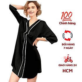 Váy ngủ nữ, váy lụa cao cấp VILADY - V120 màu Đen quý phái, kiểu cổ V tay lỡ phối viền, chất liệu lụa Pháp ( lụa latin)