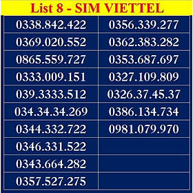 SIM SỐ ĐẸP VIETTEL - LIST DS8 - Số dễ nhớ, thần tài, số cặp - Chọn Số Theo Danh Sách - SIM MỚI, ĐĂNG KÝ ĐÚNG CHỦ ONLINE