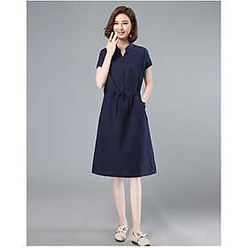 Đầm công sở vải Linen Trơn Trẻ Trung Thiết Kế Cổ Tàu Ngắn Tay, Kèm Dây rút eo Da160