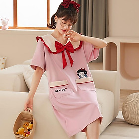 Đầm Ngủ cotton Mỏng Dáng Rộng Cổ Tròn Thắt Nơ Thời Trang Mùa Hè Cho Nữ