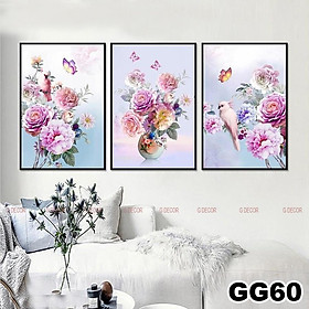 Tranh treo tường canvas 3 bức phong cách hiện đại Bắc Âu 60, tranh hoa hồng trang trí phòng khách, phòng ngủ, phòng ăn
