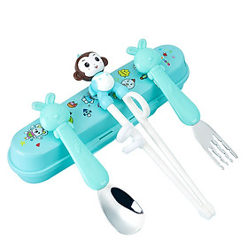 Mua Combo Đũa Tập Ăn Dặm Xỏ Ngón + muỗng nĩa inox Cực Kỳ Tiện Lợi Cho Bé hình ông - Set Khỉ Xanh