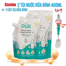 Combo 2 túi nước rửa bình sữa và núm ti Pur, gói 450ml - tặng cọ rửa bình