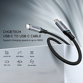 Dây cáp sạc USB C ra Type C sạc nhanh 100W hỗ trợ sạc PD TypeC hiệu Choetech XCC-1002 - Thiết kế dây dù chống đứt chống rối, đèn LED báo sạc, chiều dài 1m8 sạc cho iPhone 15 Macbook S23 S22 S21 S20 Ultra Plus notebook iPad Pro Air Mini - Hàng nhập khẩu