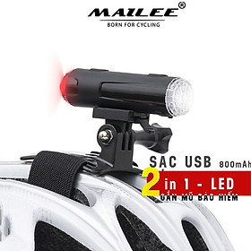 Đèn xe đạp gắn mũ bảo hiểm 2 in 1 sáng trước và sau WT-08, vỏ nhựa ABS chống nước IP 66, dung lượng 800 mAh - Mai Lee