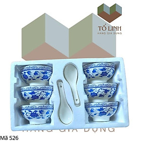 Hộp 6 Chén 6 Muỗng Sứ Hoa Xanh Cổ Cao Cấp 4D,ComBo Bộ 6 chén 6 Muỗng Sứ hoa Xanh Cổ Cao Cấp