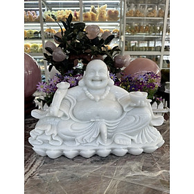 Tượng Phật Di Lặc cầm gậy như ý đá cẩm thạch trắng - Dài 40cm - Đá Phong Thủy TH