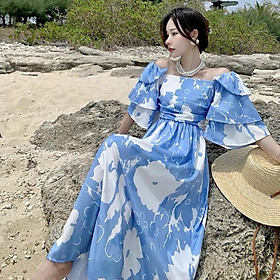 Set áo đôi hoa lá đi biển họa tiết lạ màu xanh đồ cặp couple Hàn Quốc