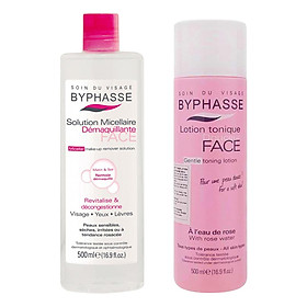 Combo Nước Tẩy Trang Byphasse Micellar Make-Up Remover Solution (500ml) + Nước Hoa Hồng Dưỡng Da Byphasse Face Soft Toner Lotion (500ml)