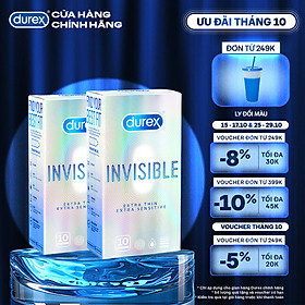 Combo 2 bao cao su Durex Invisible Extra Thin Extra Lubricated Hộp 10 Bao - 2 hộp 20 bao
