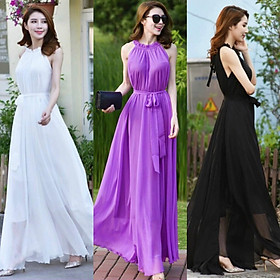 Đầm Maxi Đẹp, Đầm Maxi Suông Cổ Yếm Thắt Dây Eo, Đầm Maxi Bầu cũng OK