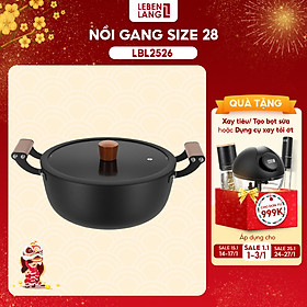 Nồi gang chống dính đa năng Lebenlang LBL2526, size 28, 5.6L, nắp kính tay cầm gỗ dùng mọi loại bếp - hàng chính hãng