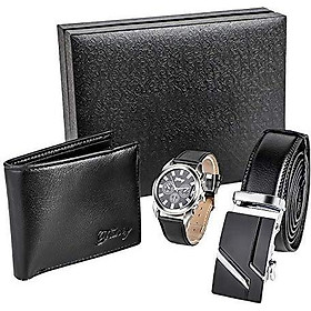 Souarts Birthday-Gift-for-Men Men-Gift-Set Watch Set for Men Artificial Leather Watch+Rachet Belt+Wallet Gift Set with Gift Box Organizer