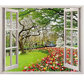 Tranh dán tường 3d  cửa sổ hoa tulip - tranh dán tường phòng khách - phòng ngủ - không phai  màu CS91 - 60 x 90 cm
