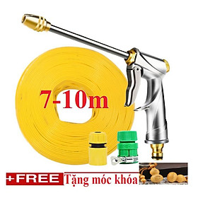 Bộ dây vòi xịt nước rửa xe, tưới cây . tăng áp 3 lần, loại 7m, 10m 206701-2 đầu đồng,cút,nối vàng+ tặng móc khoá