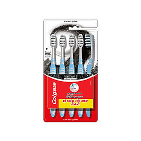 Bộ 5 Bàn chải Colgate Slimsoft Between Charcoal lông chải mềm mảnh xen sợi phủ than hoạt tính (Màu Ngẫu Nhiên)