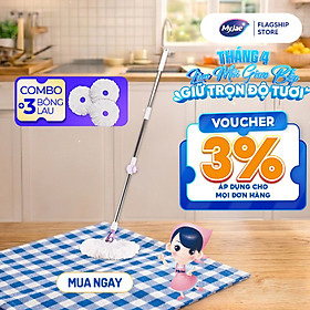 Combo 3 Bông Lau + 1 Cây Lau Nhà Đơn MyJae Sợi Microfiber Xoay 360 Độ Phù Hợp Cho Nhiều Loại Thùng Lau 134cm