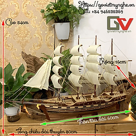 [Dài 77cm] Mô hình thuyền gỗ thuyền trang trí tàu chở hàng France II - Thân tàu dài 60cm - Buồm Trắng Vàng - Gỗ Tràm