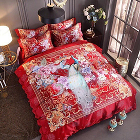 Bộ chăn ga gối lụa khung 3D cao cấp Houston - Chim công đỏ mẫu mới 2019