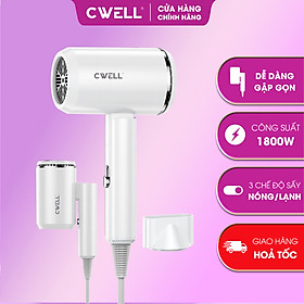 Máy sấy tóc gấp gọn CWell C05HD công suất lớn 1800W, sấy tóc 3 chế độ nónglạnh - Tặng đầu tạo kiểu - Trắng