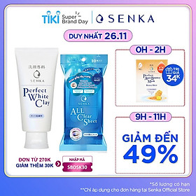 Bộ sản phẩm Senka làm sạch da dưỡng trắng tiện lợi (Sữa Rửa Mặt Tạo Bọt Chiết Xuất Đất Sét Trắng Senka Perfect White Clay 120g + Khăn giấy tẩy trang 10 miếng Senka Cleansing Sheet)