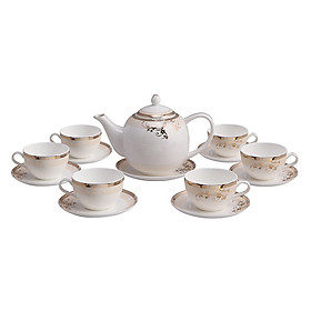 Bộ tách trà sứ xương 14 món Bone Porcelain (Bình 1L, tách 130ml) (Nhiều hoa văn)