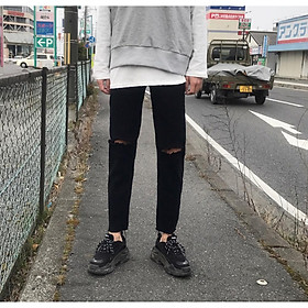 Quần Jeans Nam Xả Lai Rách Gối Hot Trend 2020 Màu Đen