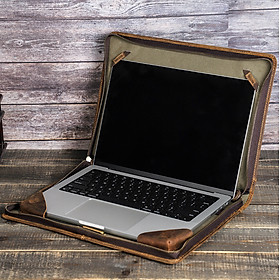 Cặp Da Bò Da Ngựa Tích Hợp Đai Cố Định Bảo Vệ Máy dành cho Macbook Pro 14.2 inch / Macbook Air 15.3 inch / Macbook Pro 15.4 inch / Macbook Pro 16 inch - Hàng Chính Hãng