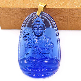 Mặt Phật Đại Thế Chí Bồ Tát pha lê xanh dương 5cm - phật bản mệnh tuổi Ngọ - Móc inox