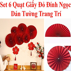 Set 6 Quạt Giấy Đỏ Đính Ngọc Dán Tường Trang Trí Tết