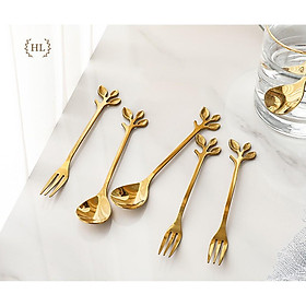 Mua Thìa nĩa Decor hình lá | Thìa rĩa lá phong cách Vintage thời thượng hoàng kim hợp kim tạo hình 3 lá