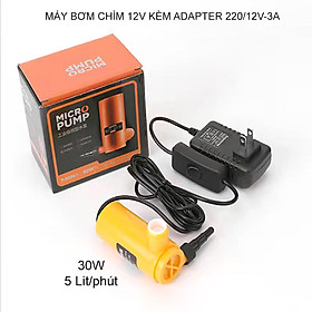 Máy bơm nước chìm mini 12V kèm adapter 220V/12V-3A, loại 30W hoặc 36W tùy chọn