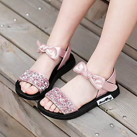Dép sandal bé gái 3 - 12 tuổi màu hồng da mềm đính nhũ điệu đà và duyên dáng đi học đi biển mùa hè SG33