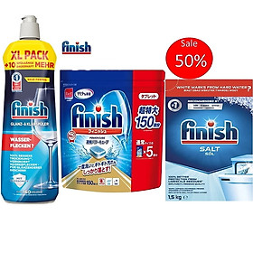 Combo muối rửa bát Finish 1,5kg+viên rửa bát Finish 120 viên+Nước làm bóng bát chén finish 800ml