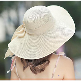 Mũ cói rộng vành thắt nơ bản to thời trang Mũ nón cói đi biển chống nắng cao cấp màu kem