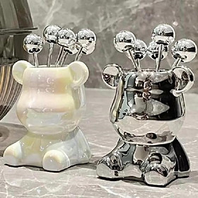 Set 6 Dĩa INOX Ăn Hoa Quả Kèm Ống Cắm Dĩa Hình Gấu - Gọn Gàng Tiện Dụng Và Cute