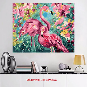 Tranh tự tô màu theo số sơn dầu số hóa Đôi chim Hồng hạc Flamingo Tranh chim hạc DV0944