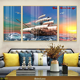 Mua Tranh Canvas Thuyền Buồm Lướt Sóng Phong Thủy Tài Lộc - Bộ 3 Bức Decor Phòng Khách Đẹp