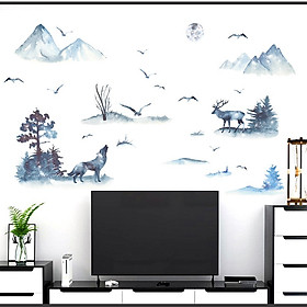 Decal dán tường Tranh thủy mặc phong cảnh núi rừng AmyShop