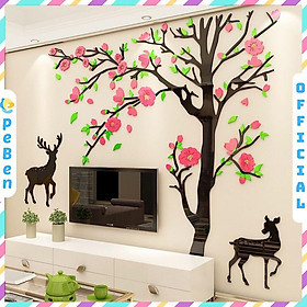 Tranh dán tường mica 3d decor khổ lớn - cây đào hồng, tranh trang trí phòng khách, phòng ngủ, spa, nail, cafe