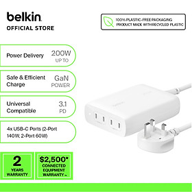 Mua Adapter sạc nhanh 200WBelkin 4 cổng USB-C PD 3.0 GaN màu trắng - Hàng chính hãng