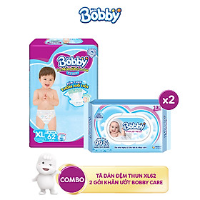 Combo 1 Tã dán Bobby đệm thun thấm mồ hôi đủ size và 2 Gói khăn ướt trẻ em Bobby care không hương 100 tờ