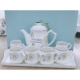 Mua Bộ ấm chén kèm khay pha trà trắng họa tiết hoa cúc họa mi xinh xắn