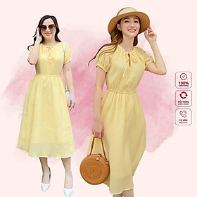 Váy dáng A eo chun siêu thoải mái, hack dáng, vai bồng tiểu thư, cổ buộc dây nơ thoáng mát Peony - YERI DRESS