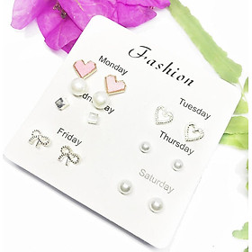 Set bông tai nữ tim hồng 6 đôi thời trang khuyên nụ