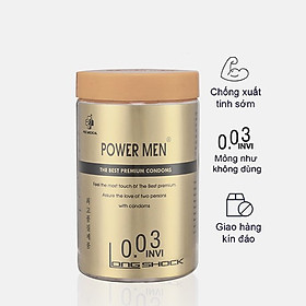 Bao cao su siêu mỏng kéo dài thời gian Power Men 0.03 Invi Long Shock (Lọ 12 chiếc)
